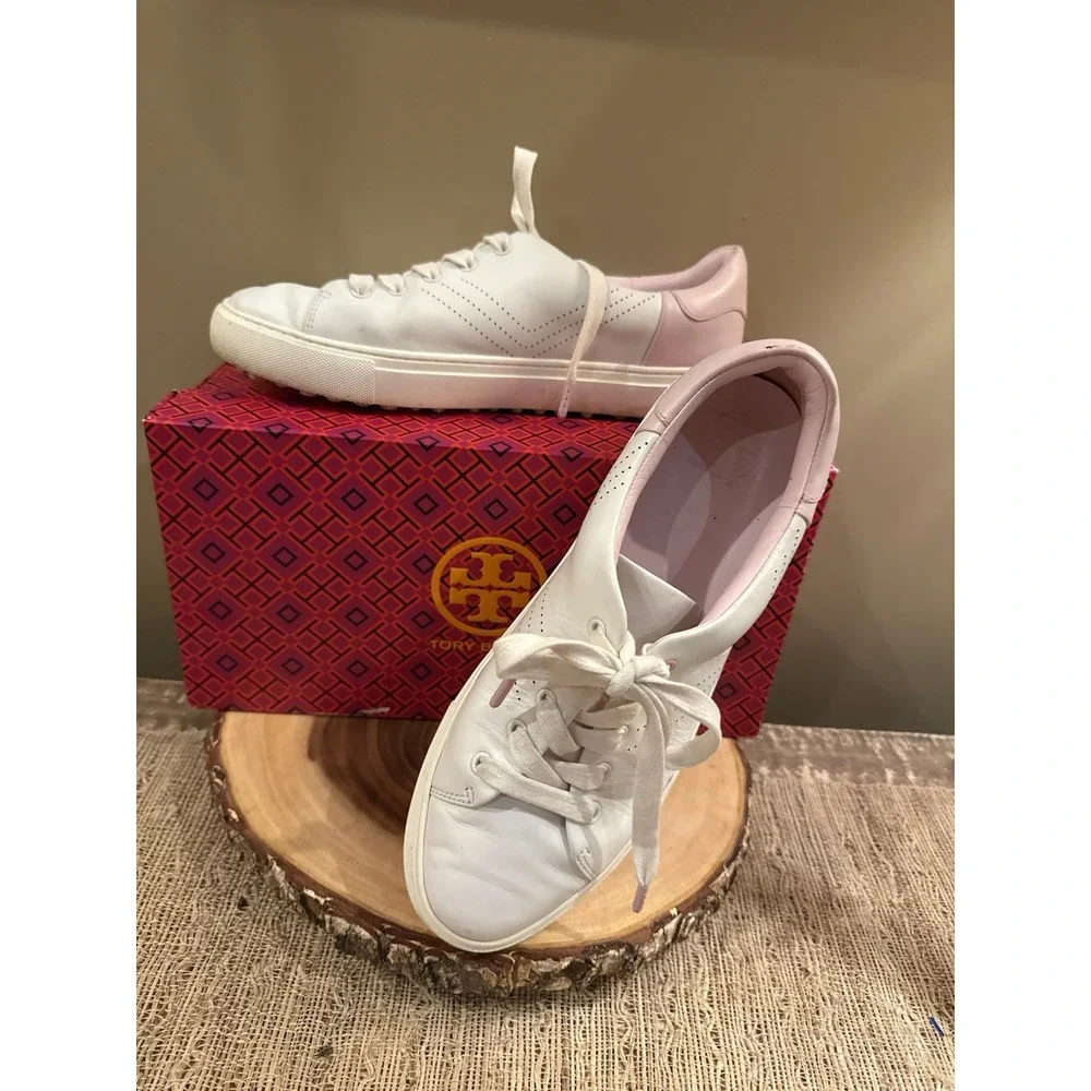 TORY BURCH Perforated Lace-Up Golf Sneakers Snow White Pink Cotton Sz-9.5